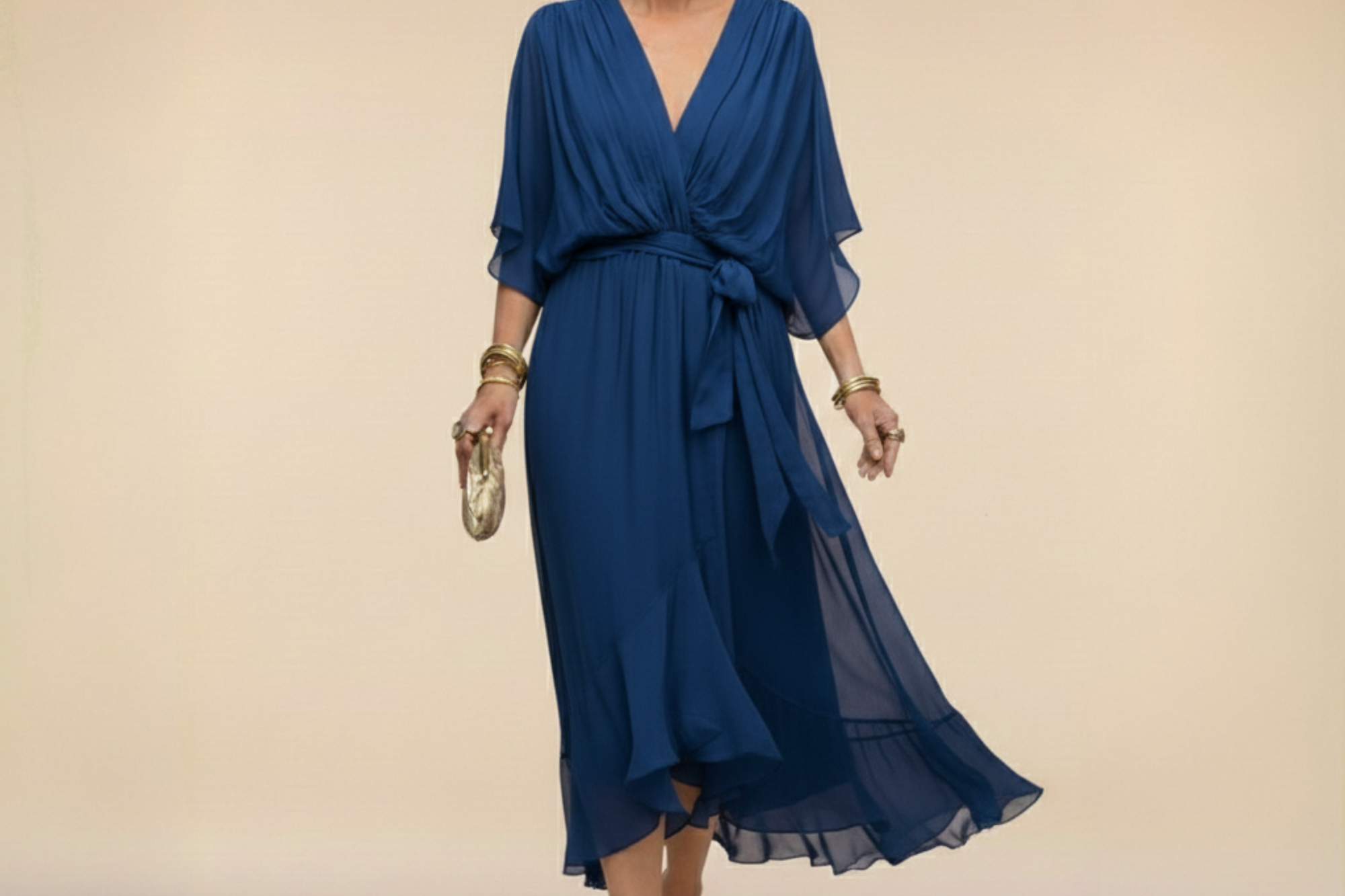 Treva - Women's Chiffon Wrap Midi Dress with Flutter Sleeves - Blue