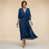 Treva - Women's Chiffon Wrap Midi Dress with Flutter Sleeves - Blue