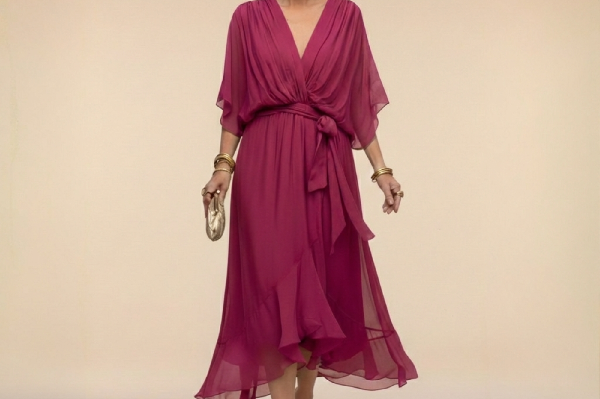 Treva - Women's Chiffon Wrap Midi Dress with Flutter Sleeves - Pink