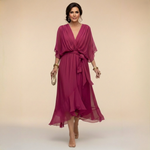 Treva - Women's Chiffon Wrap Midi Dress with Flutter Sleeves - Pink