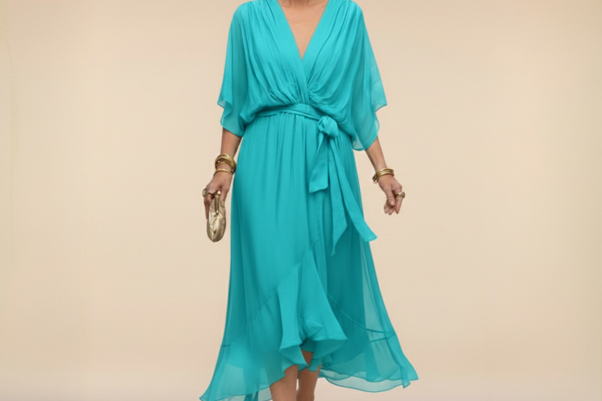 Treva - Women's Chiffon Wrap Midi Dress with Flutter Sleeves - Turquoise