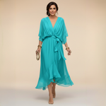 Treva - Women's Chiffon Wrap Midi Dress with Flutter Sleeves - Turquoise