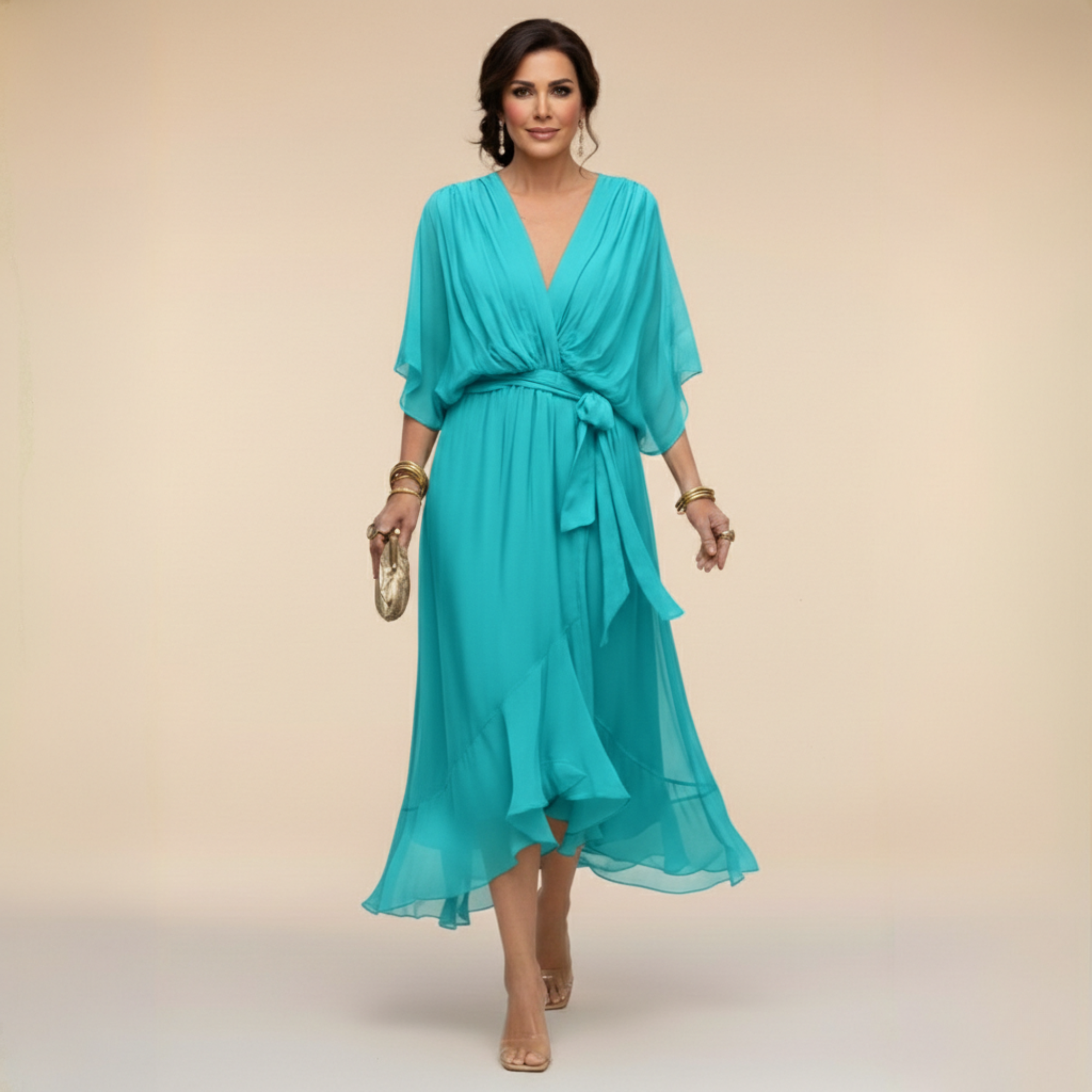Treva - Women's Chiffon Wrap Midi Dress with Flutter Sleeves - Turquoise