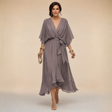 Treva - Women's Chiffon Wrap Midi Dress with Flutter Sleeves - Gray