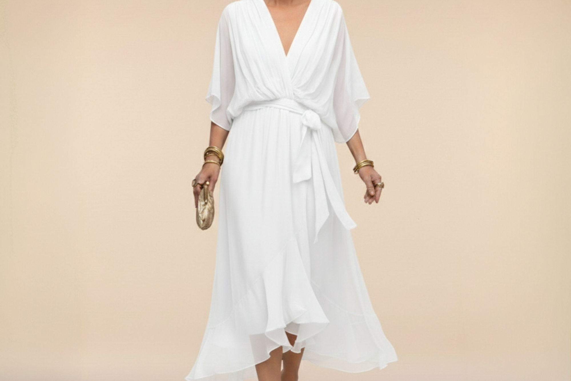 Treva - Women's Chiffon Wrap Midi Dress with Flutter Sleeves - White