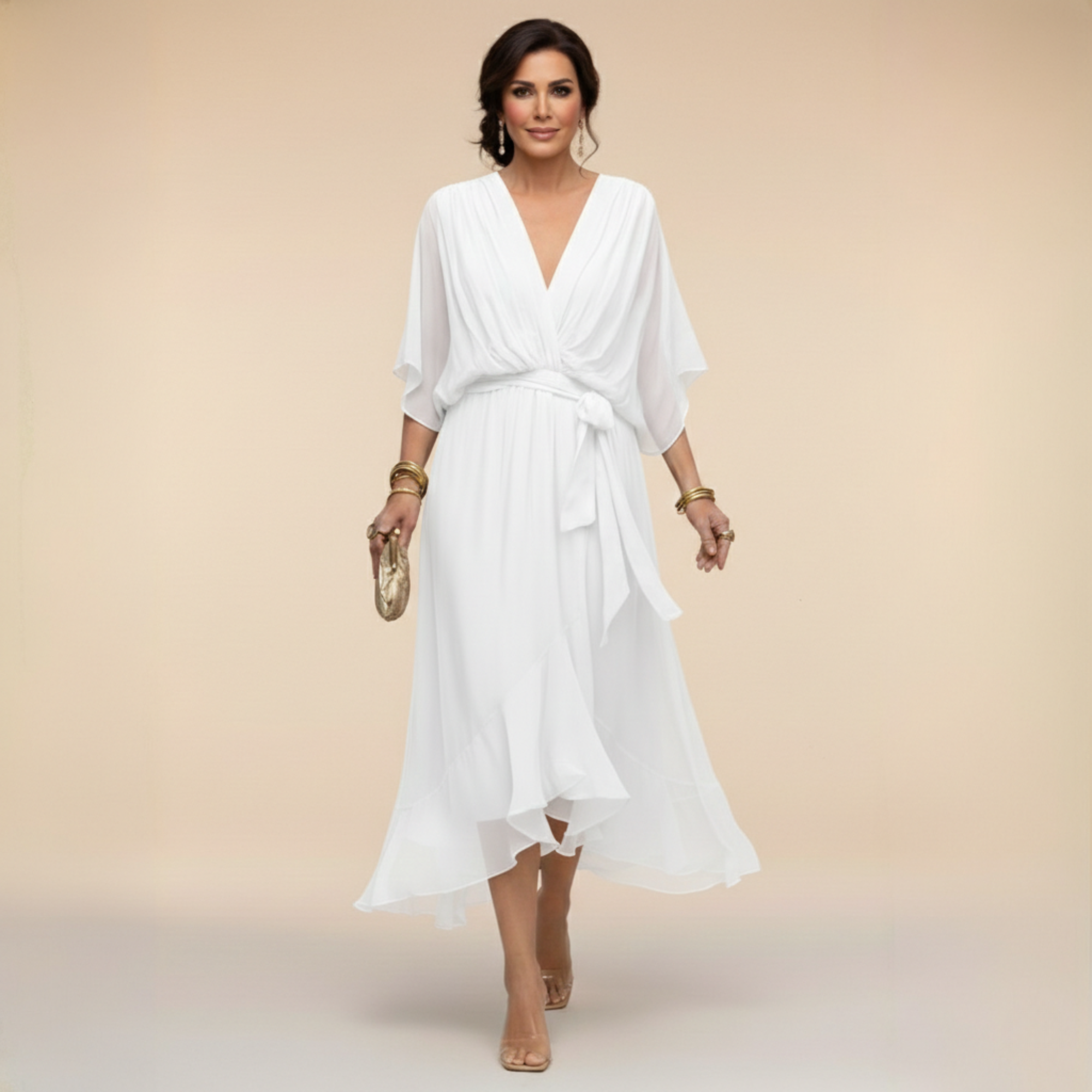 Treva - Women's Chiffon Wrap Midi Dress with Flutter Sleeves - White