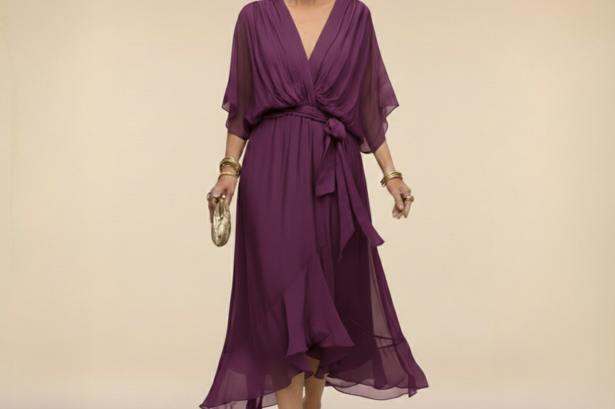 Treva - Women's Chiffon Wrap Midi Dress with Flutter Sleeves - Purple