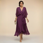 Treva - Women's Chiffon Wrap Midi Dress with Flutter Sleeves - Purple