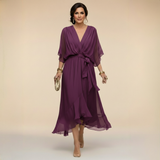 Treva - Women's Chiffon Wrap Midi Dress with Flutter Sleeves - Purple