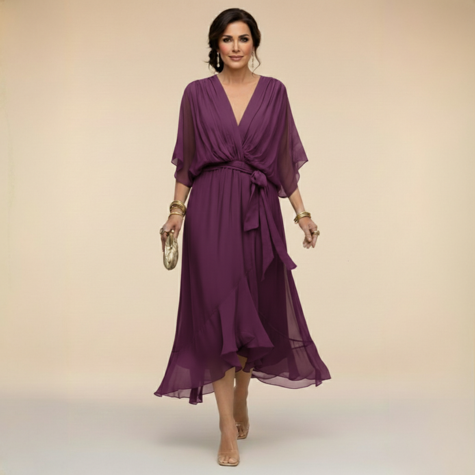 Treva - Women's Chiffon Wrap Midi Dress with Flutter Sleeves - Purple