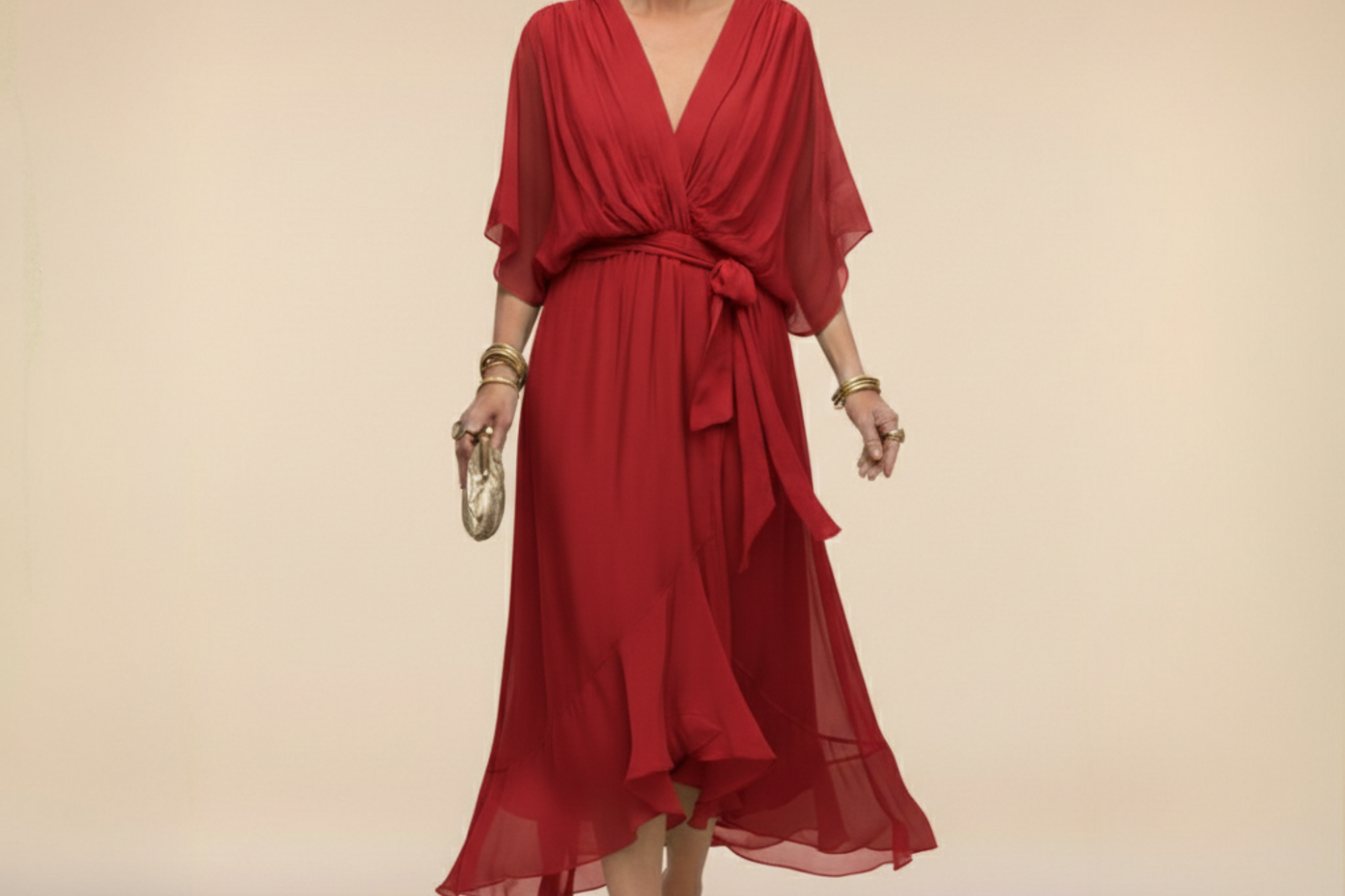 Treva - Women's Chiffon Wrap Midi Dress with Flutter Sleeves - Red
