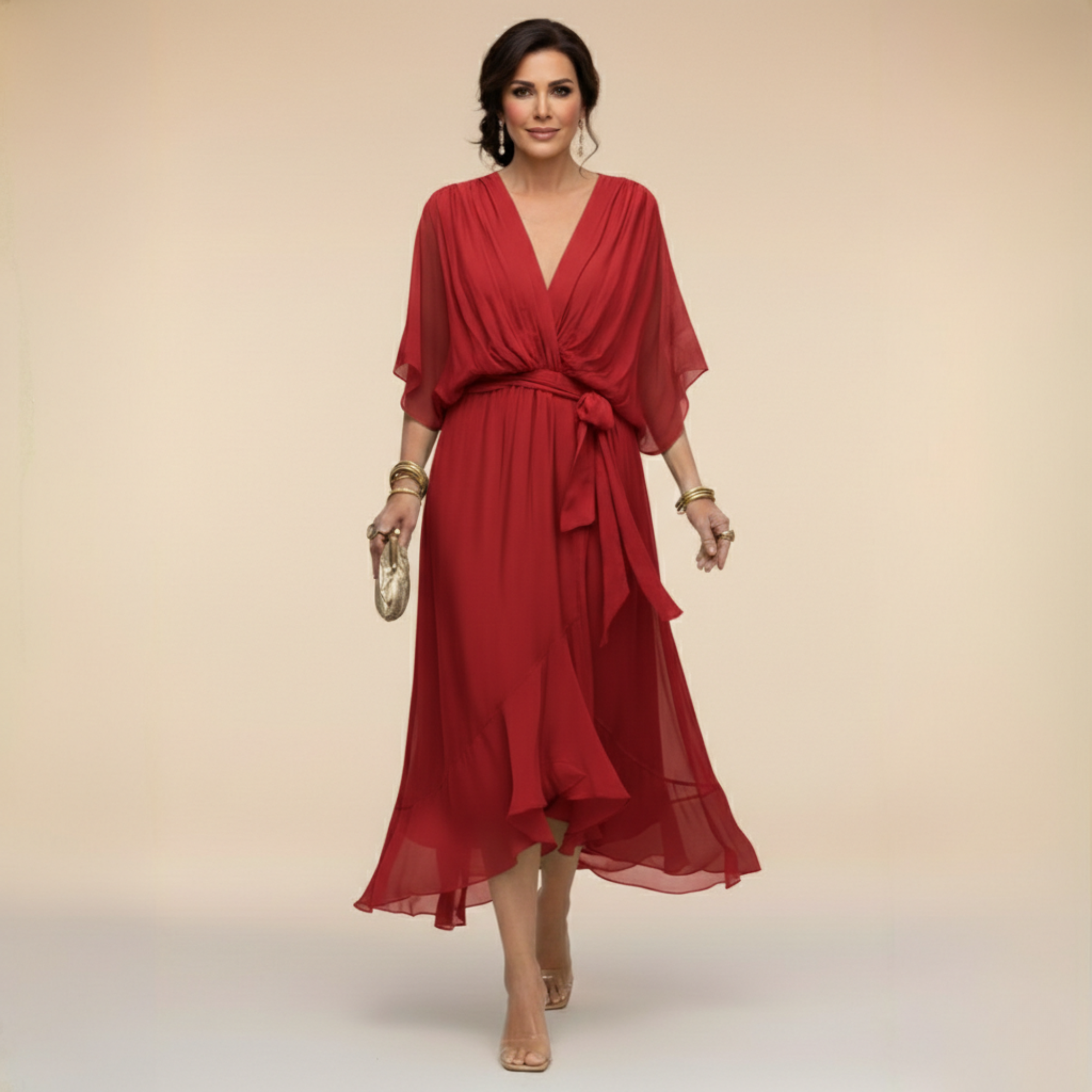 Treva - Women's Chiffon Wrap Midi Dress with Flutter Sleeves - Red