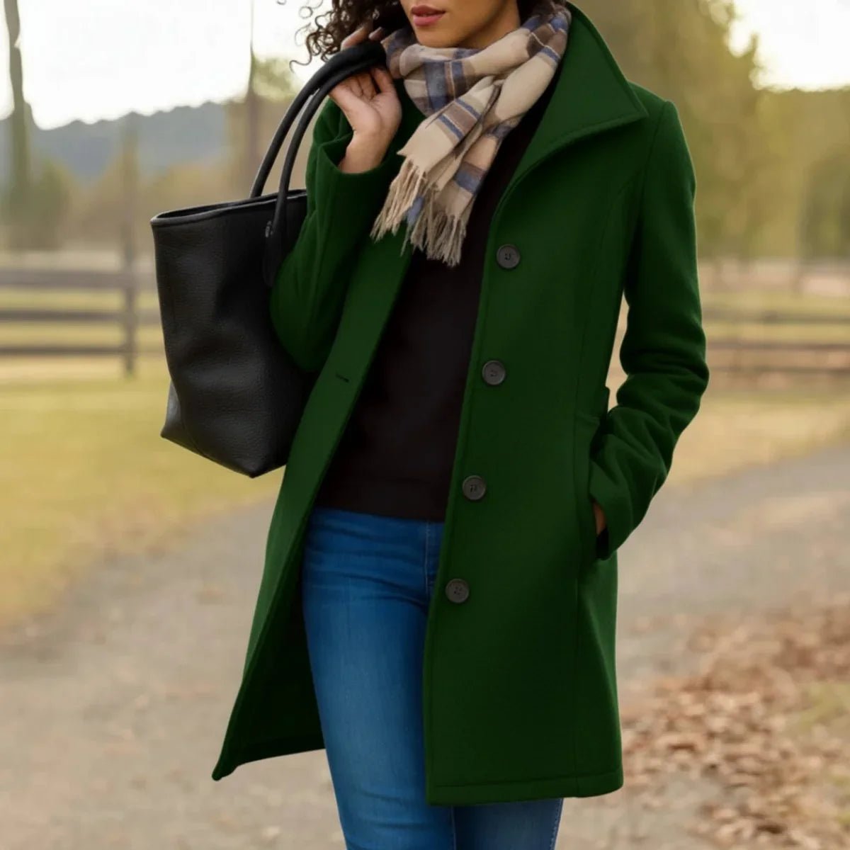 Trine - Women's Single-Breasted Wool-Blend Coat - Dark Green