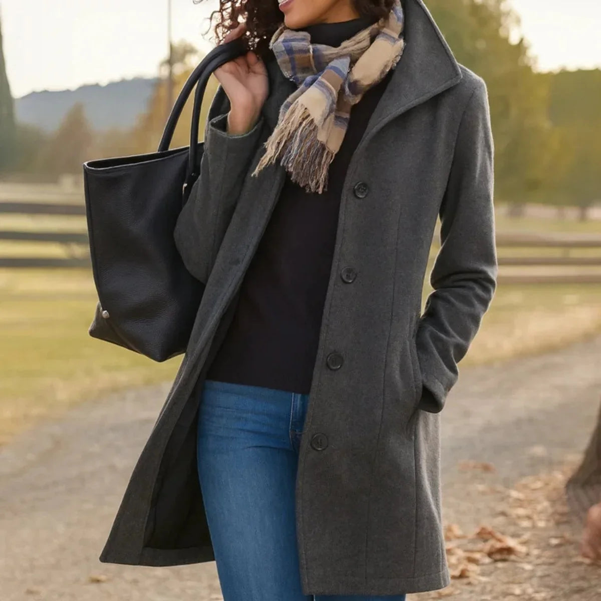 Trine - Women's Single-Breasted Wool-Blend Coat - Gray