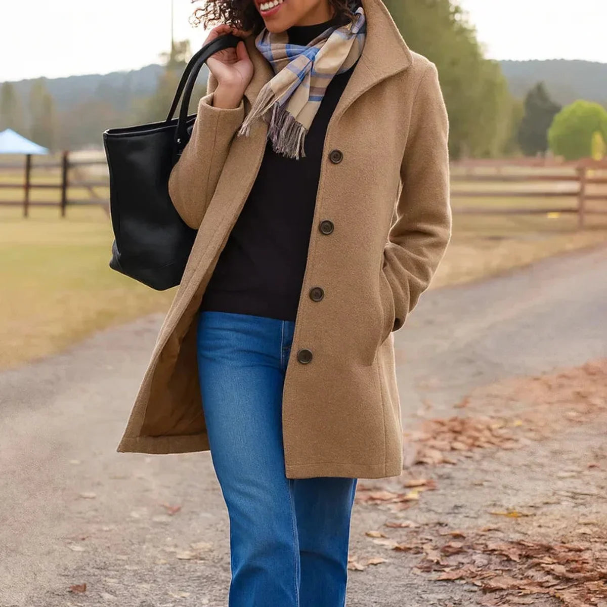 Trine - Women's Single-Breasted Wool-Blend Coat - Khaki