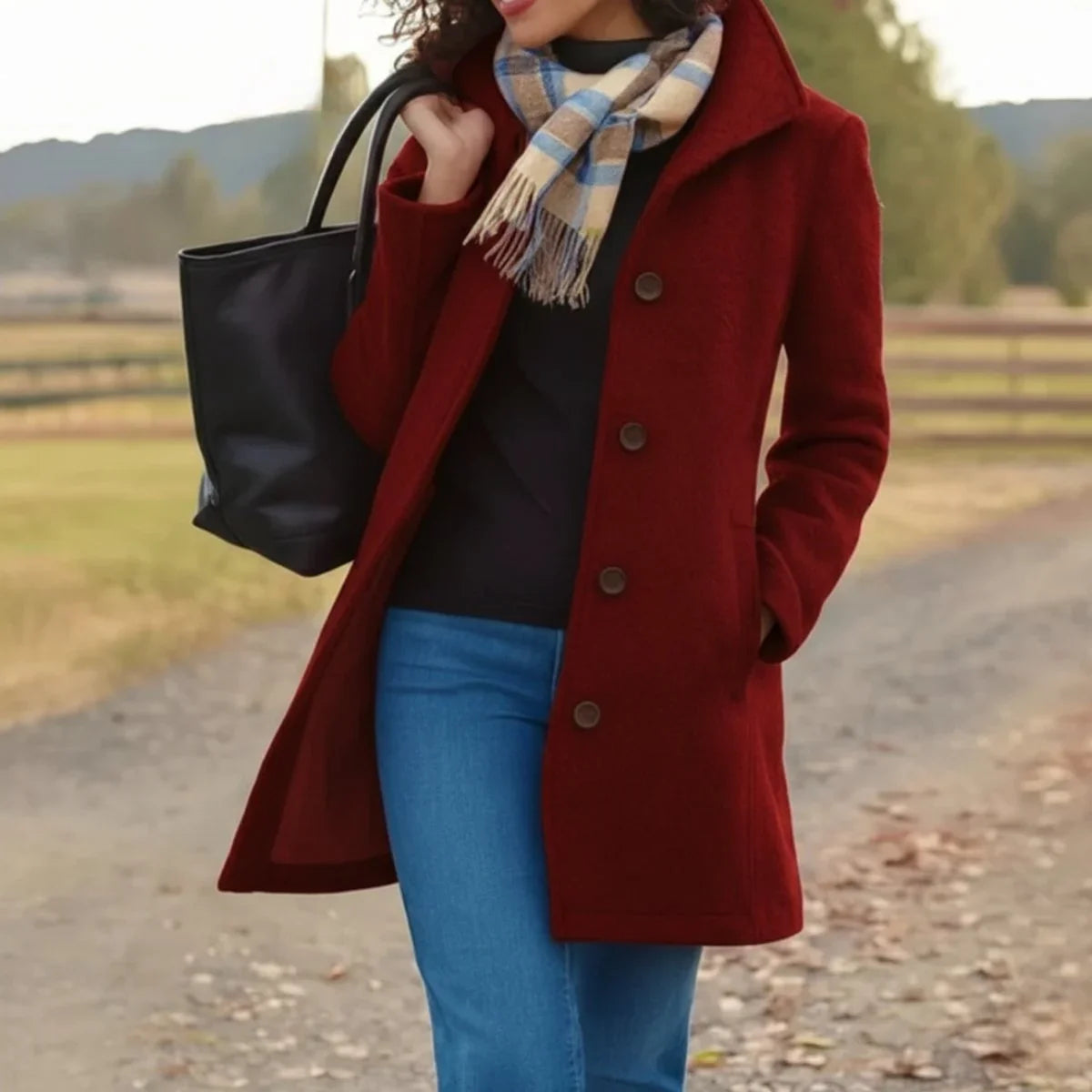 Trine - Women's Single-Breasted Wool-Blend Coat - Red