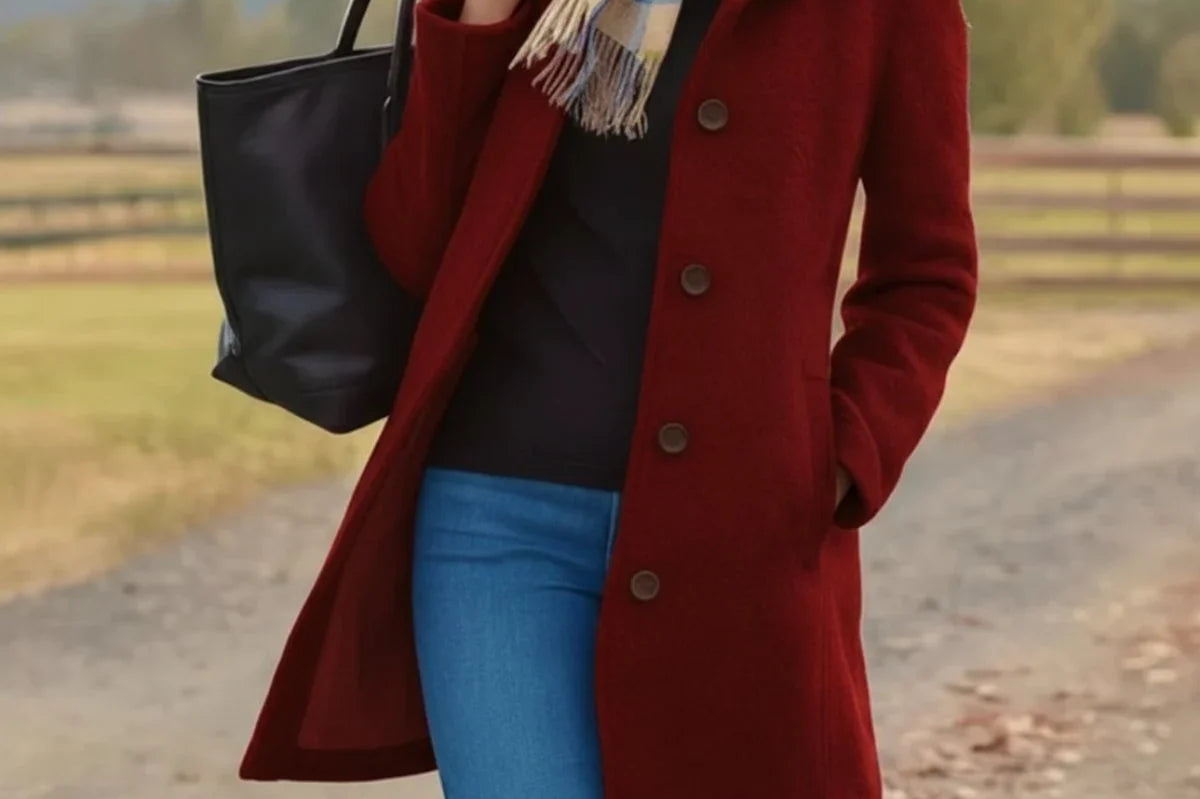 Trine - Women's Single-Breasted Wool-Blend Coat - Red
