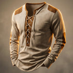 Tristan - Men's Lace-Up Henley Shirt with Suede-Touch Panels - Cream Beige