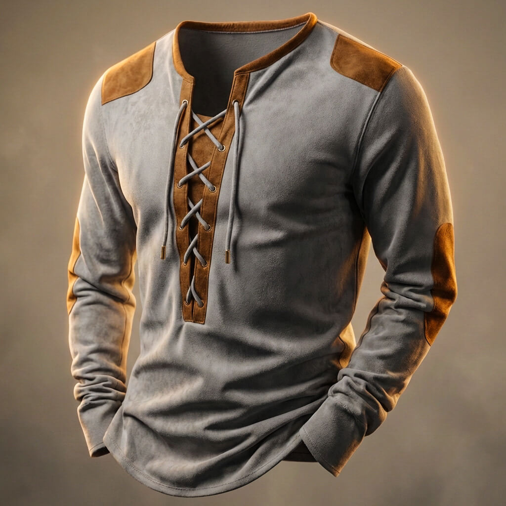 Tristan - Men's Lace-Up Henley Shirt with Suede-Touch Panels - Slate Gray