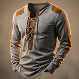 Tristan - Men's Lace-Up Henley Shirt with Suede-Touch Panels - Slate Gray