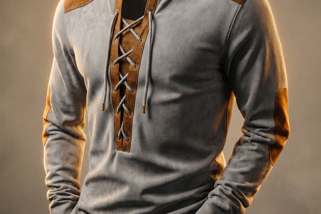 Tristan - Men's Lace-Up Henley Shirt with Suede-Touch Panels - Slate Gray