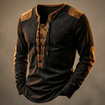 Tristan - Men's Lace-Up Henley Shirt with Suede-Touch Panels - Obsidian Black