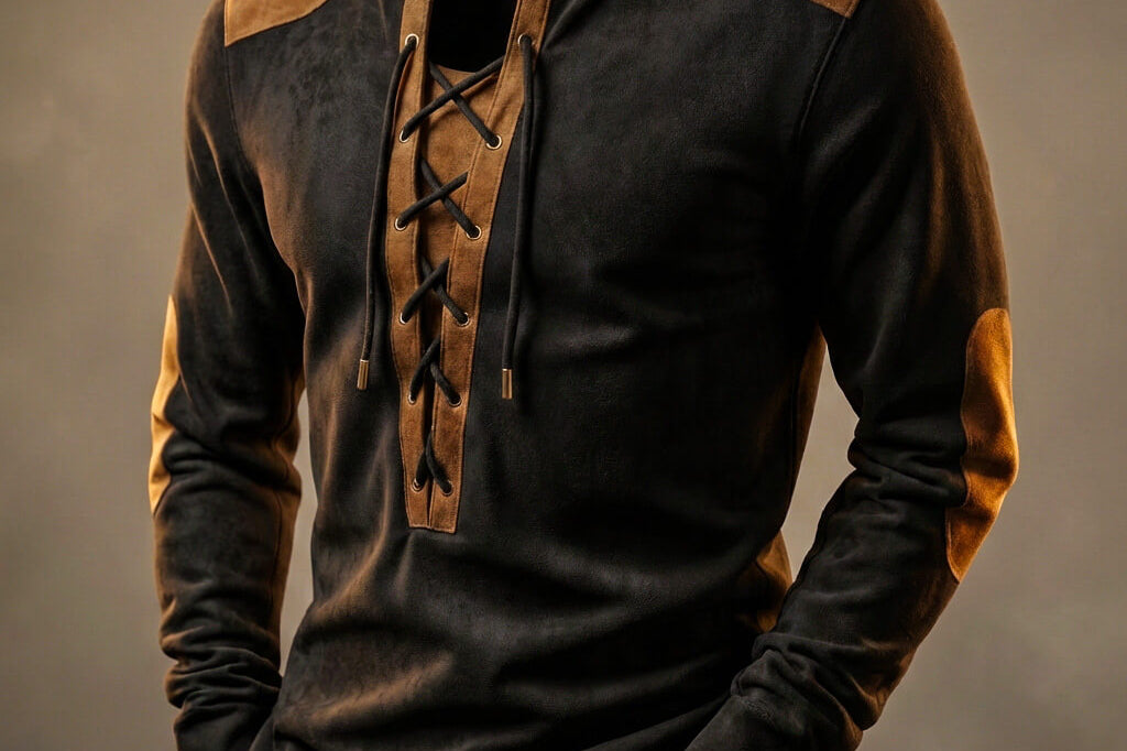 Tristan - Men's Lace-Up Henley Shirt with Suede-Touch Panels - Obsidian Black