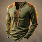 Tristan - Men's Lace-Up Henley Shirt with Suede-Touch Panels - Pine Green