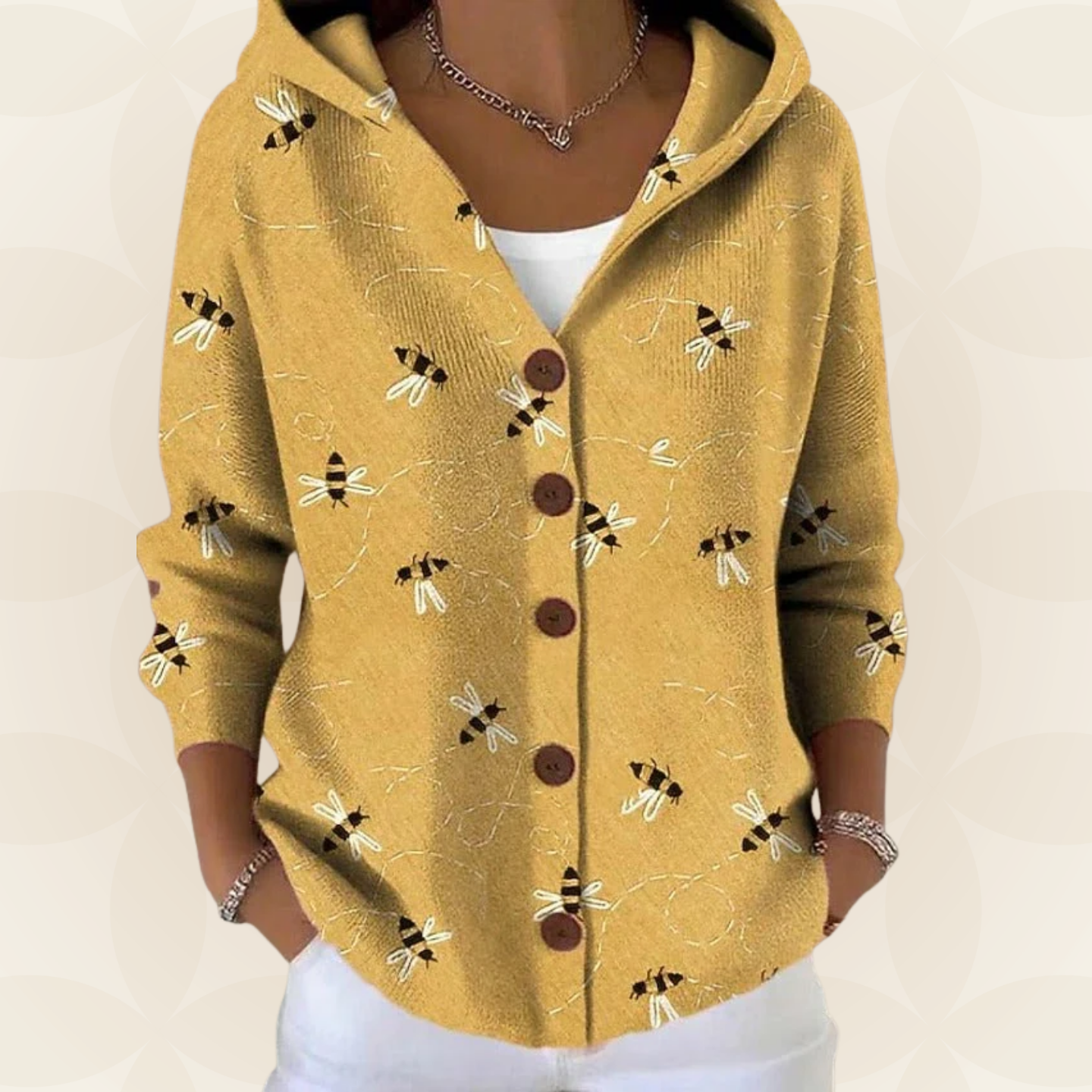 Twyla - Women's Printed Hooded Button Front Knit Cardigan - Yellow