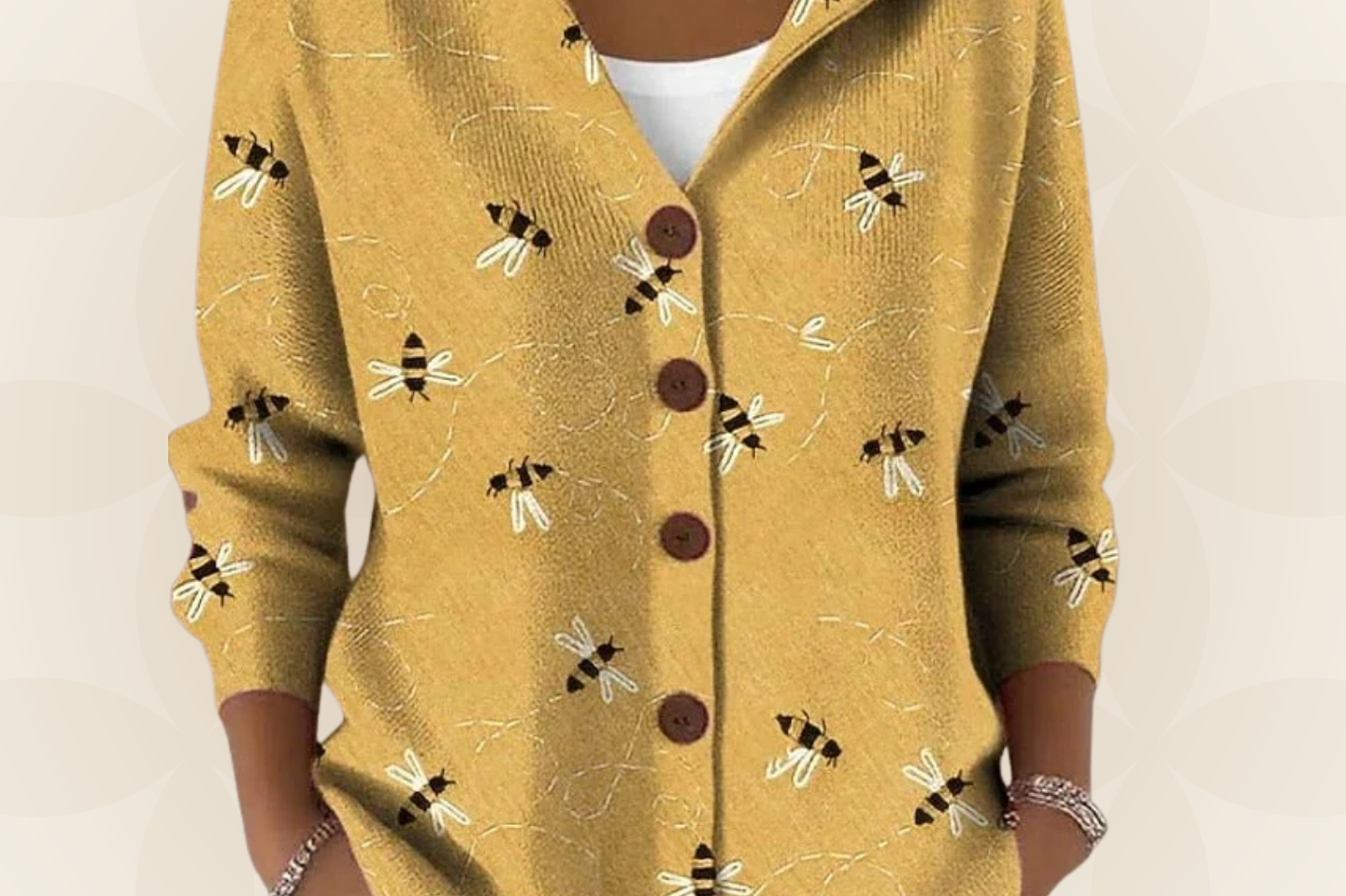 Twyla - Women's Printed Hooded Button Front Knit Cardigan - Yellow