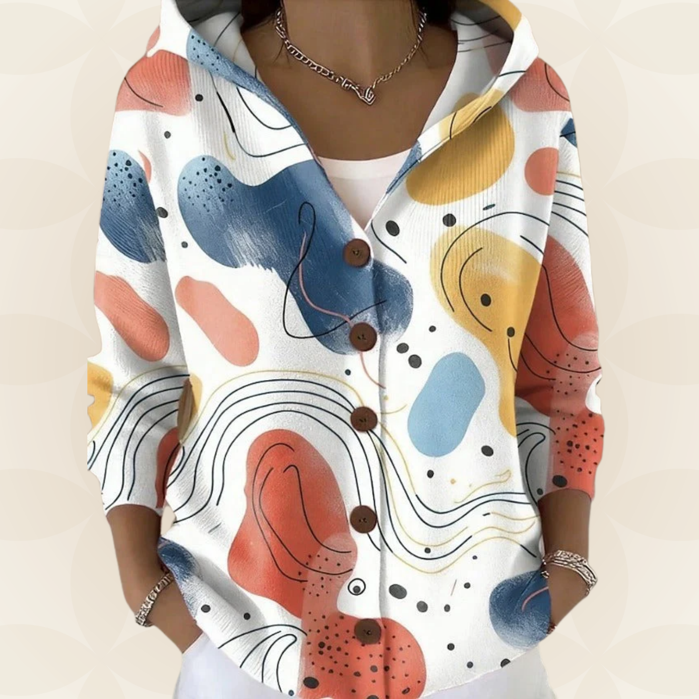 Twyla - Women's Printed Hooded Button Front Knit Cardigan - Beige