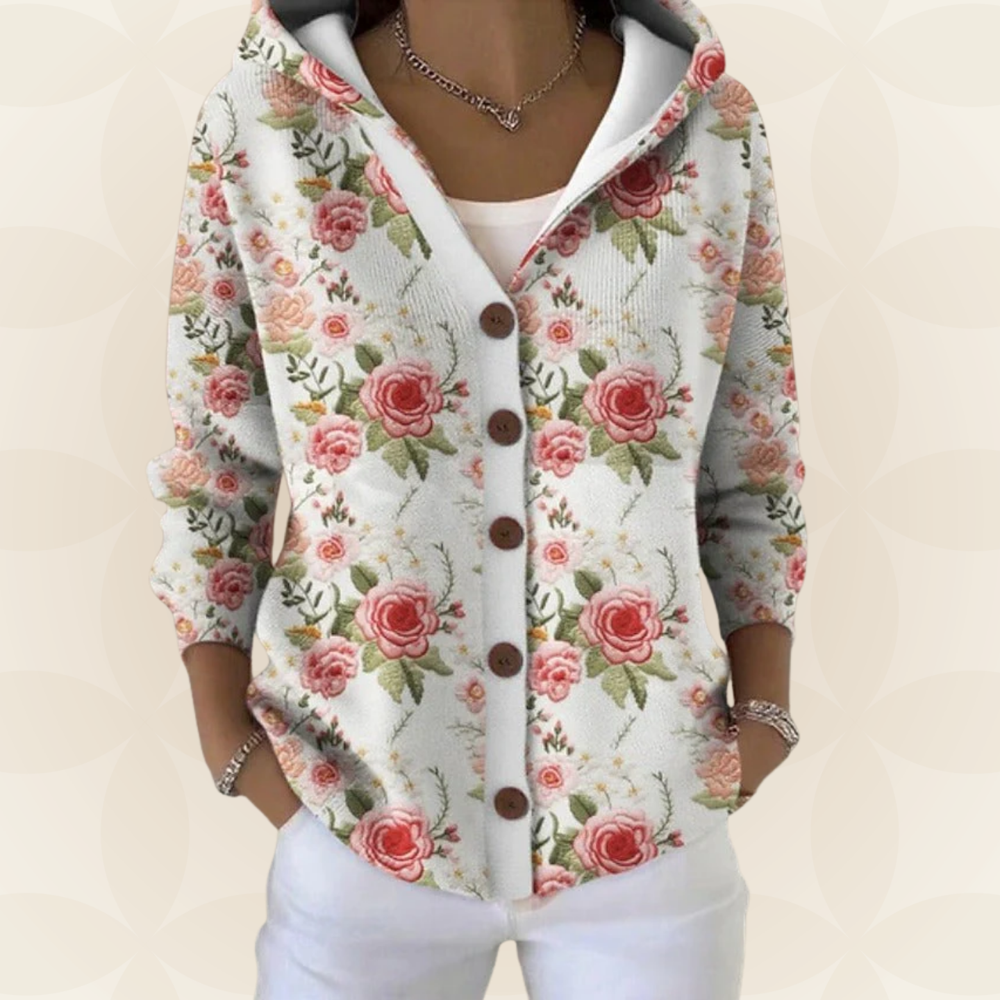 Twyla - Women's Printed Hooded Button Front Knit Cardigan - Pink