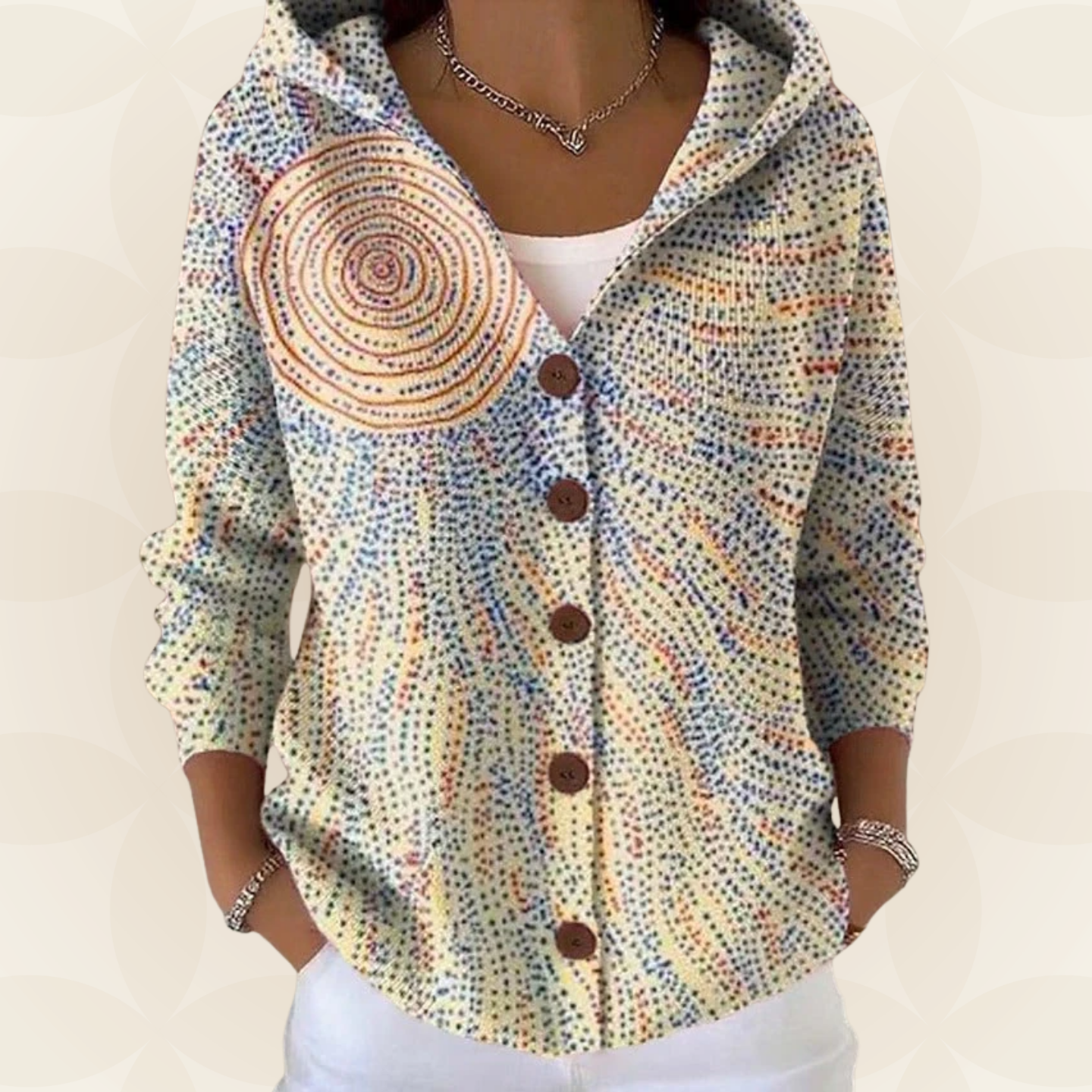 Twyla - Women's Printed Hooded Button Front Knit Cardigan - Light Yellow