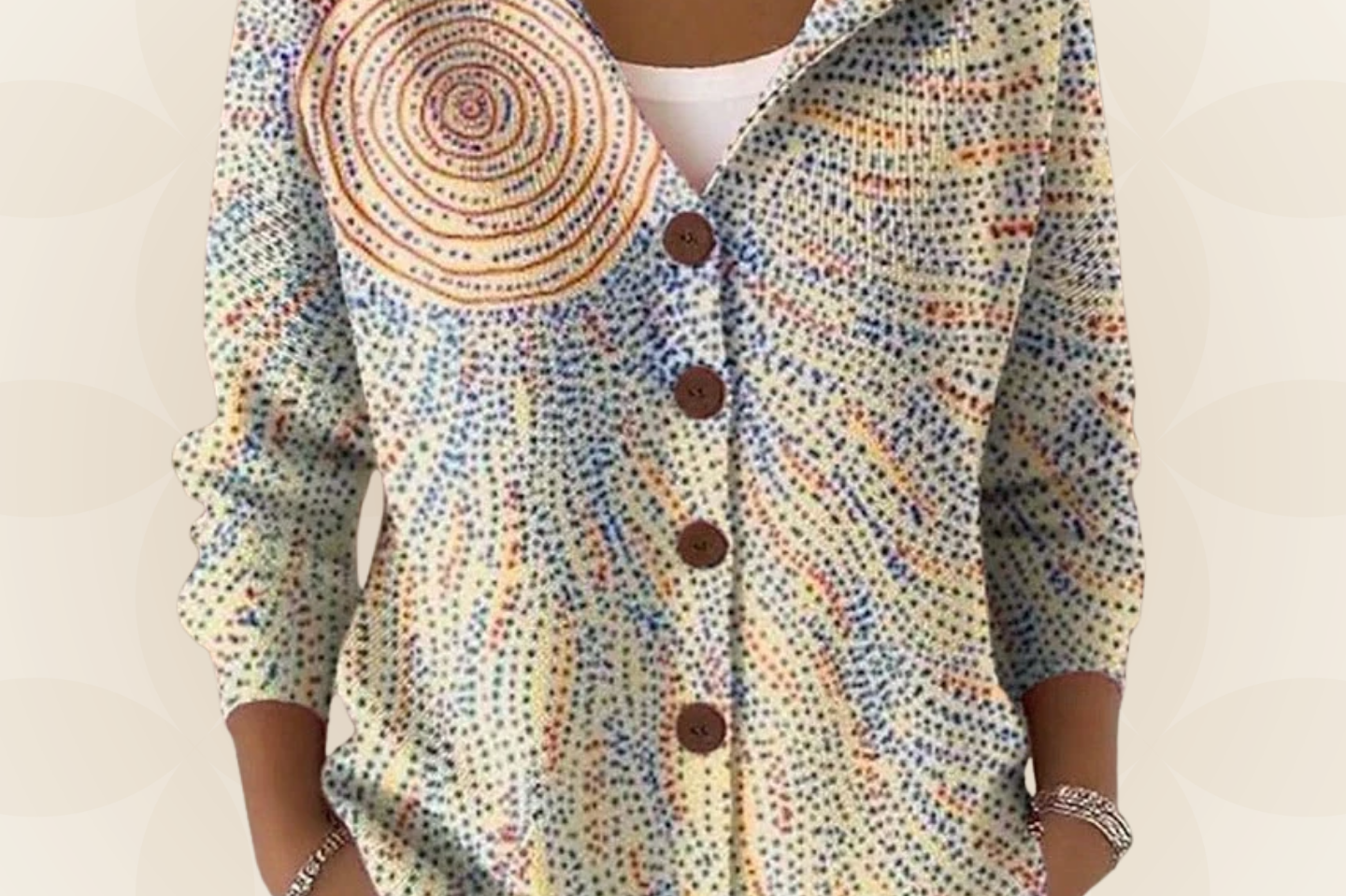 Twyla - Women's Printed Hooded Button Front Knit Cardigan - Light Yellow