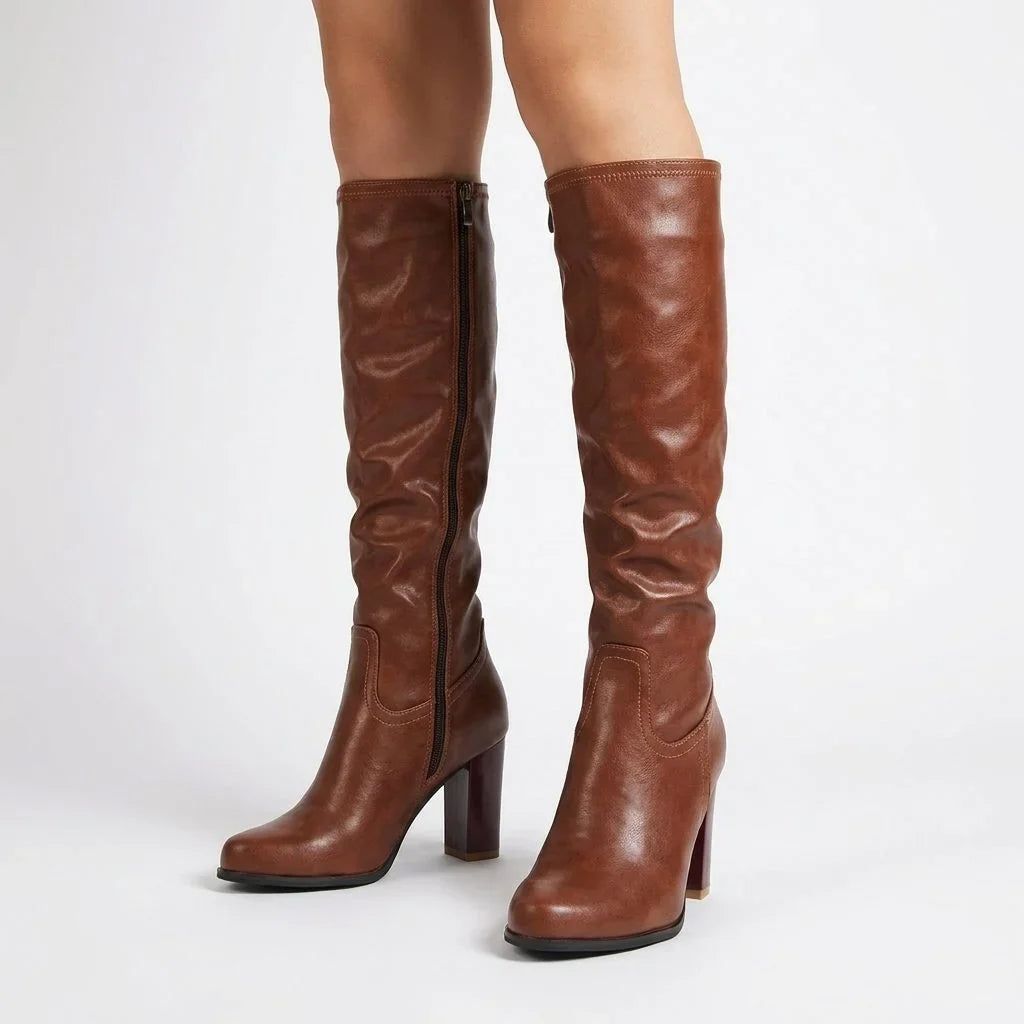 Valeria - Women's Block Heel Knee-High Boots with Round Toe - Brown