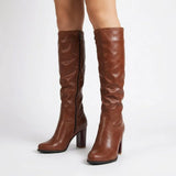 Valeria - Women's Block Heel Knee-High Boots with Round Toe - Brown
