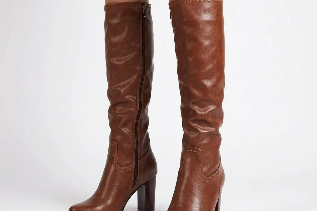Valeria - Women's Block Heel Knee-High Boots with Round Toe - Brown