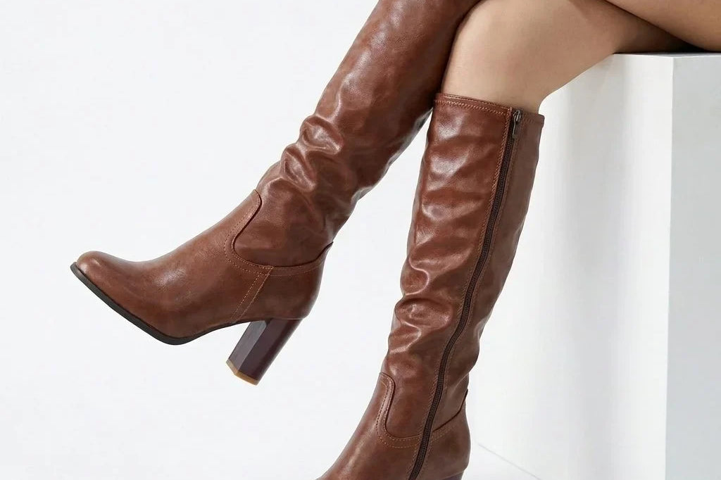 Valeria - Women's Block Heel Knee-High Boots with Round Toe