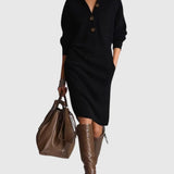 Vanora - Women's Ribbed Wool Knit Midi Dress with Button Neckline - Black