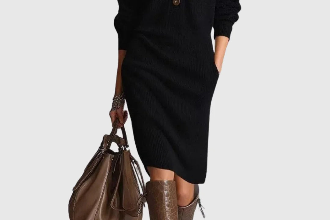 Vanora - Women's Ribbed Wool Knit Midi Dress with Button Neckline - Black