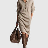 Vanora - Women's Ribbed Wool Knit Midi Dress with Button Neckline - Khaki