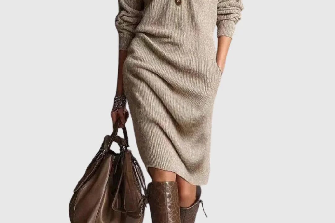Vanora - Women's Ribbed Wool Knit Midi Dress with Button Neckline - Khaki