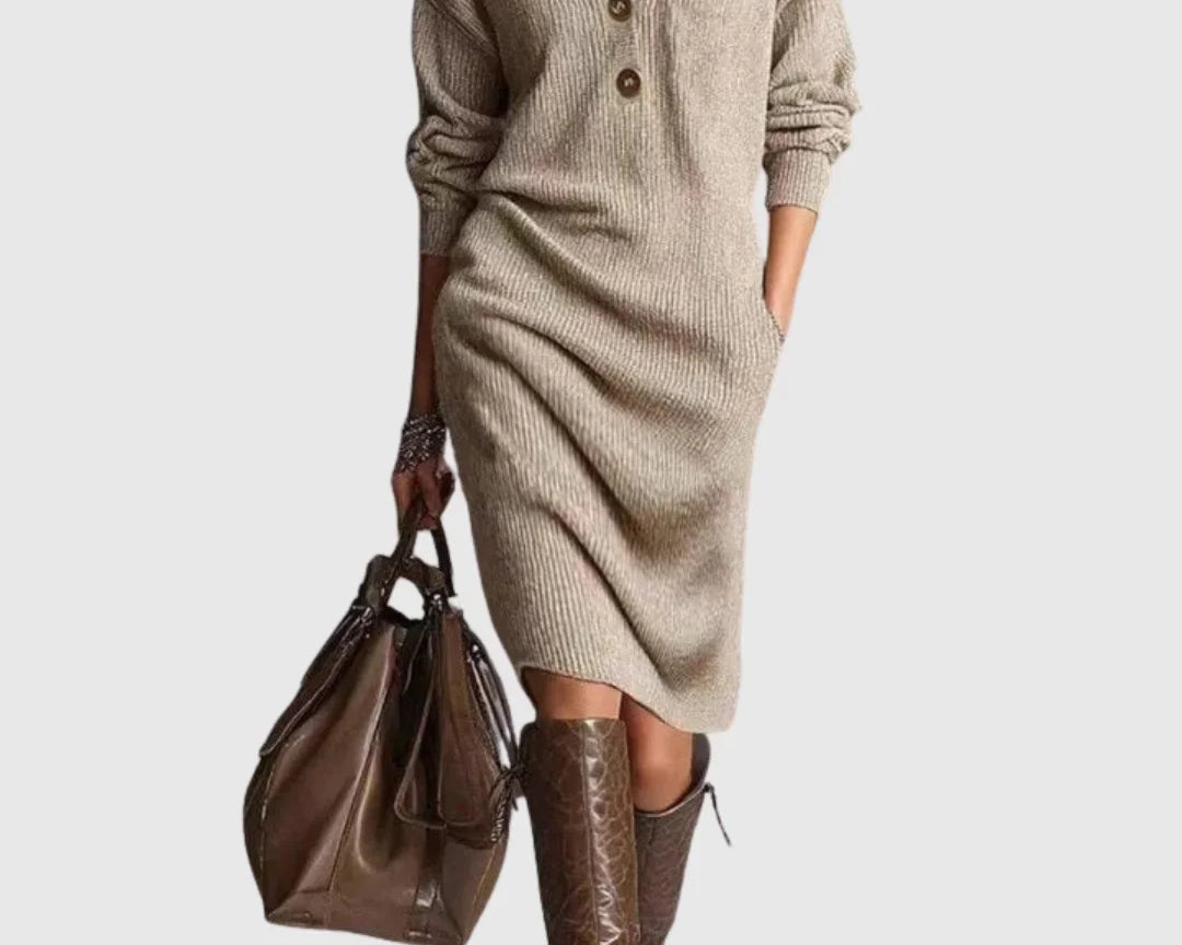 Vanora - Women's Ribbed Wool Knit Midi Dress with Button Neckline - Khaki