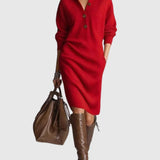 Vanora - Women's Ribbed Wool Knit Midi Dress with Button Neckline - Red