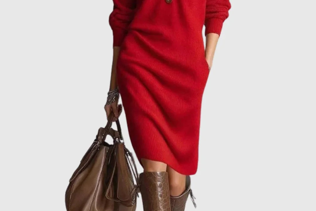 Vanora - Women's Ribbed Wool Knit Midi Dress with Button Neckline - Red