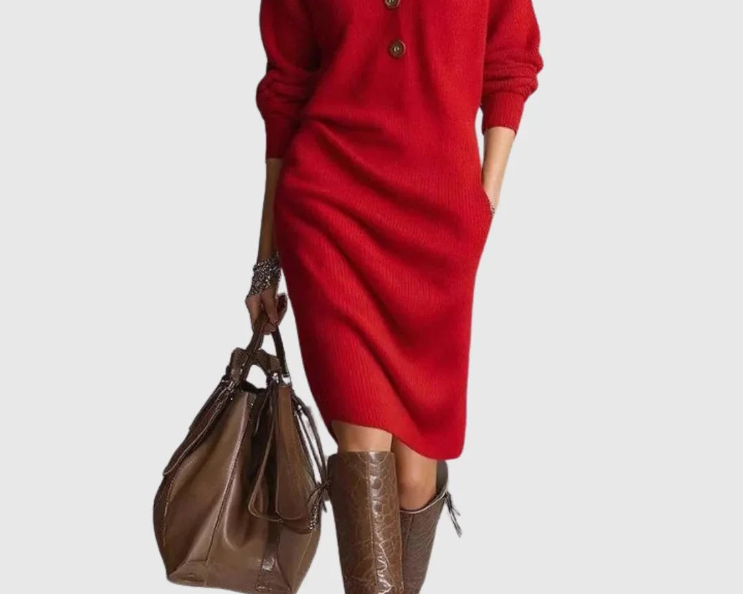 Vanora - Women's Ribbed Wool Knit Midi Dress with Button Neckline - Red