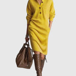 Vanora - Women's Ribbed Wool Knit Midi Dress with Button Neckline - Yellow