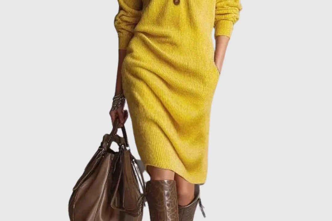 Vanora - Women's Ribbed Wool Knit Midi Dress with Button Neckline - Yellow