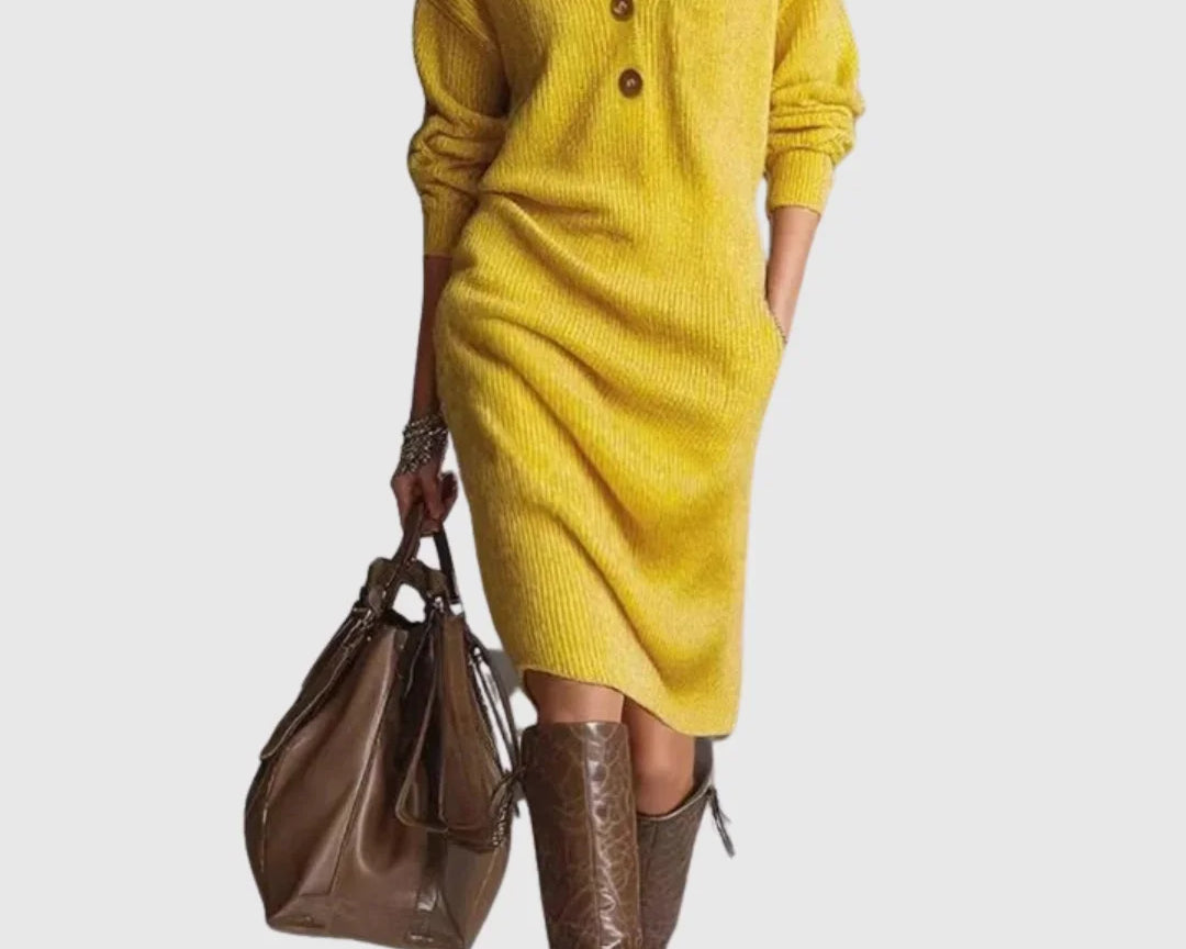 Vanora - Women's Ribbed Wool Knit Midi Dress with Button Neckline - Yellow