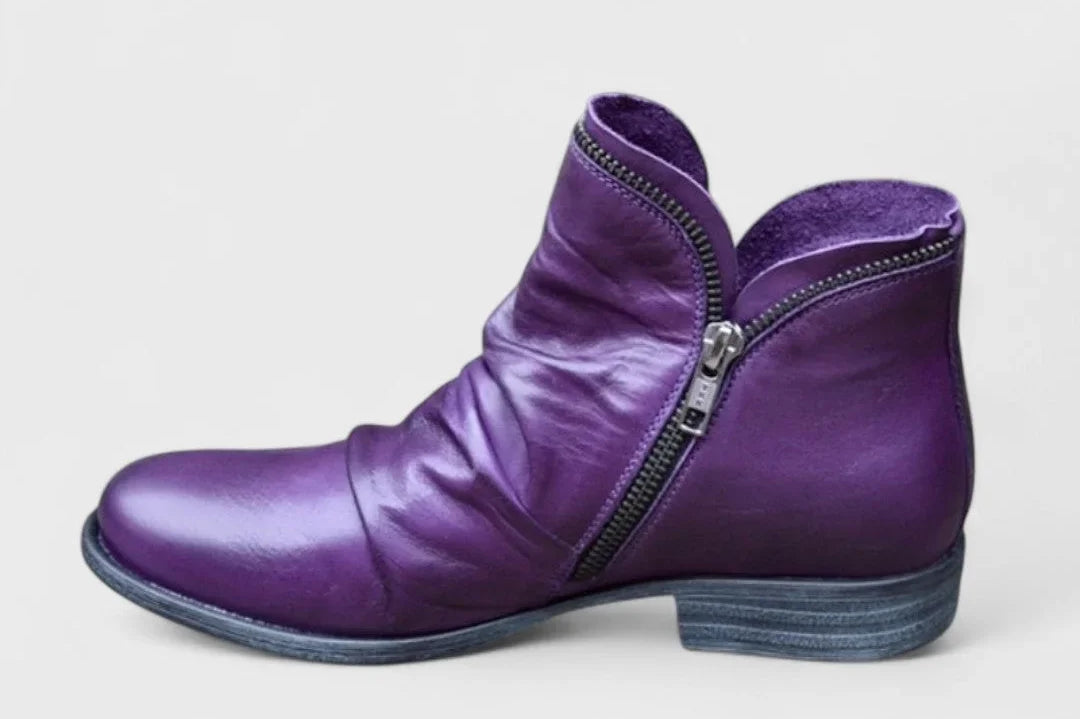 Vesper - Women's Orthopedic Ruched Ankle Boots with Side Zip - Purple